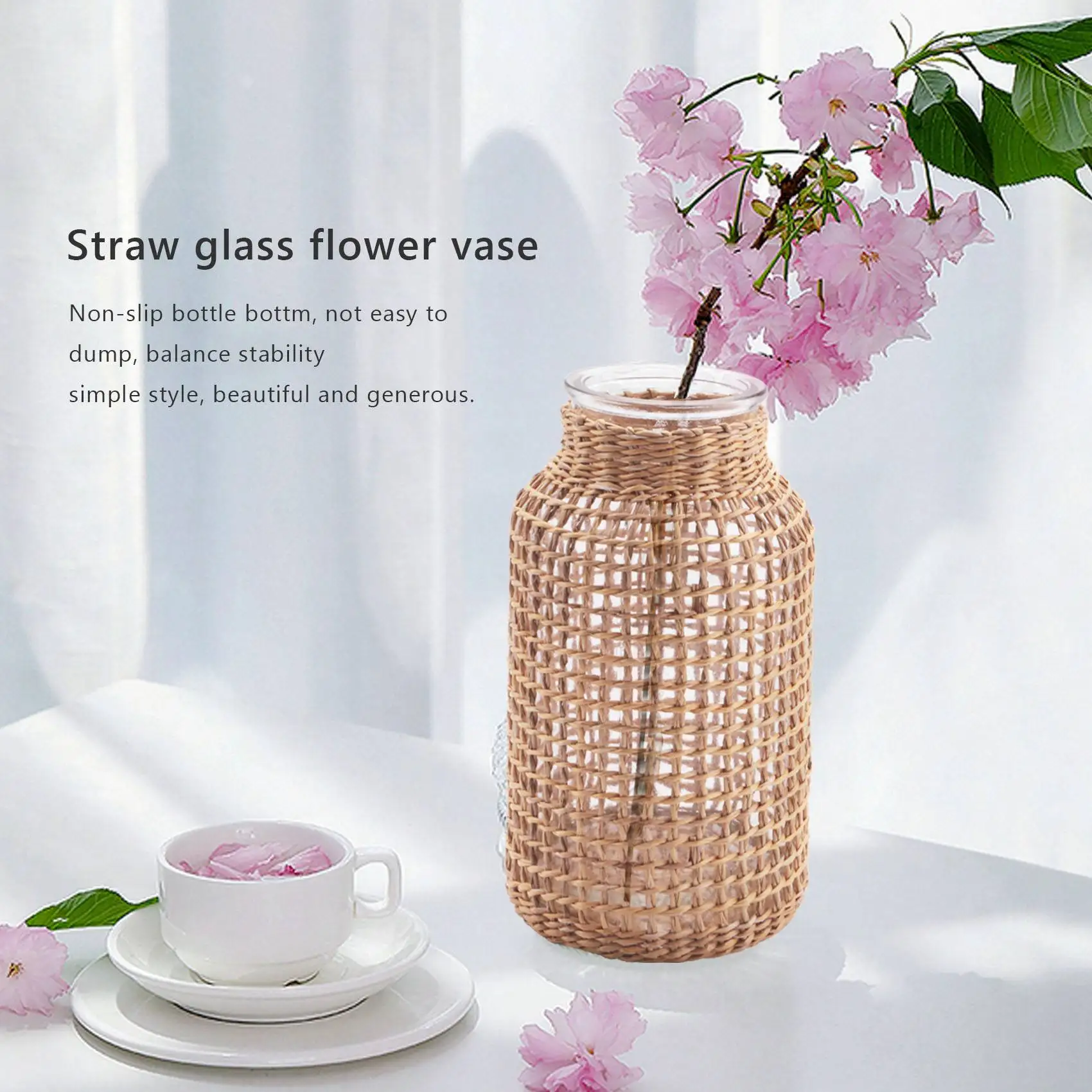 A98E-Straw Glass Flower Vase Japanese Flower Pot In The Nordic Contracted Creative Flower Basket To Water Plants
