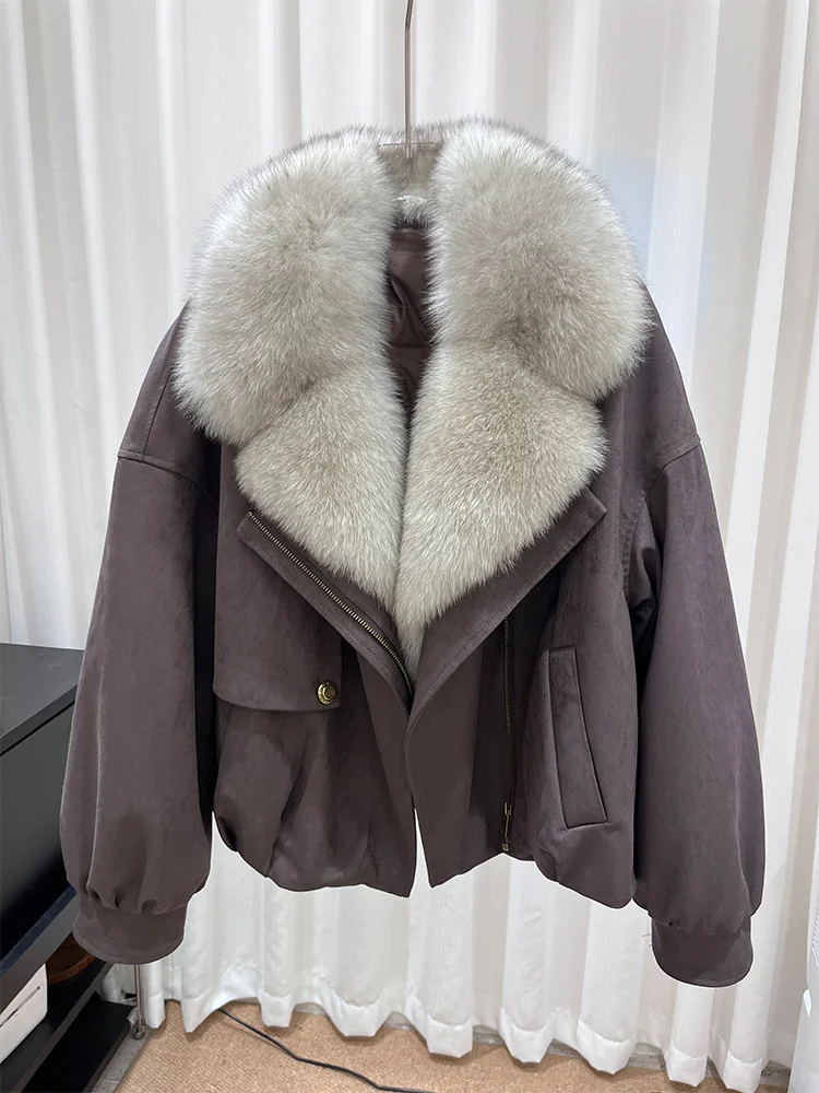 2025 New Winter Natural Fox Fur Collar Goose Down Jacket Women Motorcycle Suit Luxury Puffer Jackets Clothing Hot Sale
