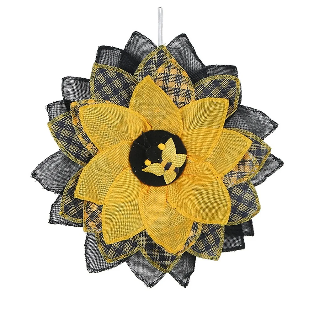 Sunflower Wreath 40x40cm Green Orange Cloth Spring Bee Mesh Door Hanging Lightweight Wall Decor for Indoor Use