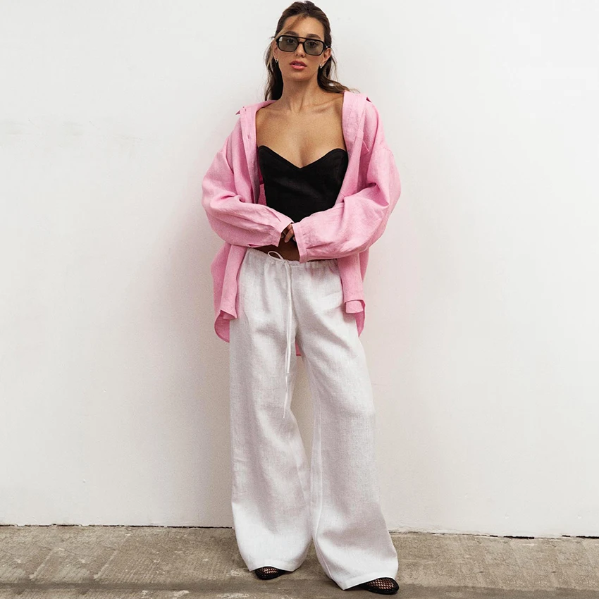 Linad Pantaloni casual bianchi larghi con coulisse Pantaloni da ufficio in cotone e lino a gamba larga Pantaloni lunghi a vita alta vintage autunnali femminili 2025