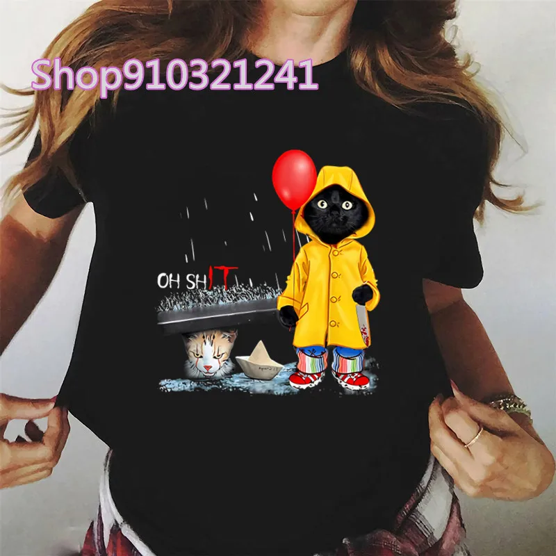 Clown Cat Wear Raincoat Women t-shirt Print Cartoon Black Tshirt female aesthetic T-shirts Women's Casual Short Sleeve Tops