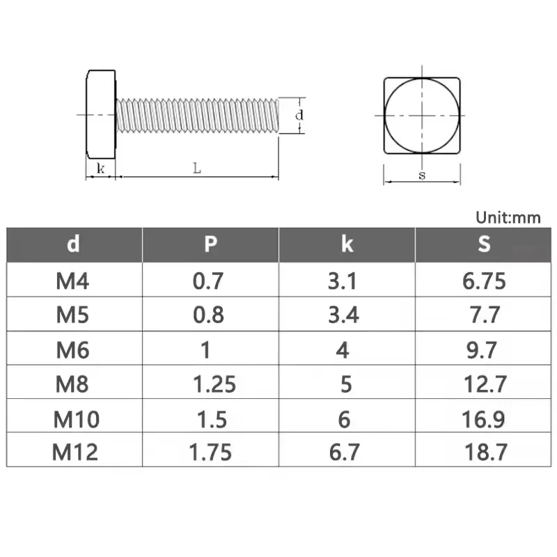 GB35 Square Head Bolt 304 Stainless Steel Full Thread Square Head Bolt M4 M5 M6 M8 M10 M12 Length 8mm~100mm