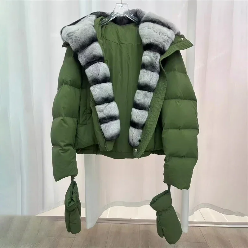 Women's winter jacket 2025 New detachable rabbit fur collar hooded down jacket White duck down filled down coats warm thick coat