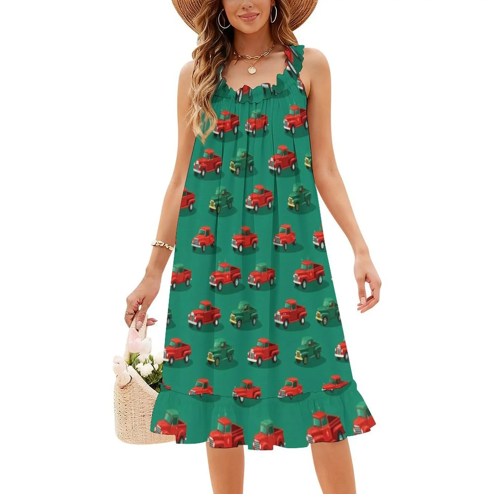 الرجعية عيد الميلاد شاحنة الفرح مثير عطلة اللباس للنساء الشاطئ حزب عيد ميلاد فستان قصير عيد الميلاد شاحنة خمر عطلة الرجعية