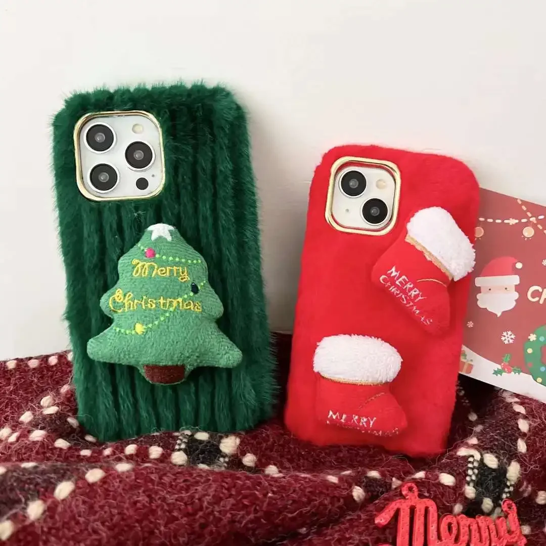 Neujahr Frohe Weihnachten Baum Plüsch Stiefel Fall für iPhone 16 15 14 13 12 11 Pro X XR XS Max 7 8 rote haarige warme Pelz Soft Cover