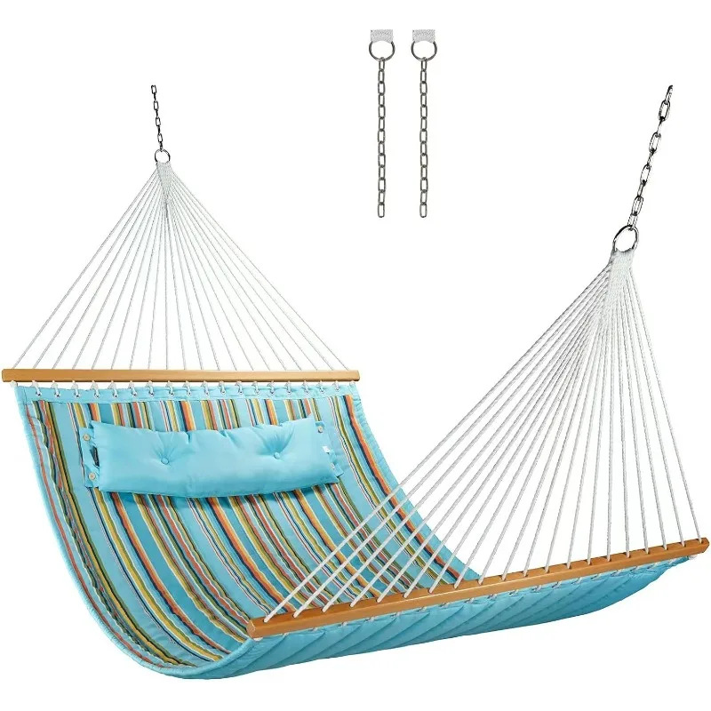 12 FT Double Quilted Fabric Hammock with Spreader Bars and Pillow 450 LBS Weight Capacity 2 Person Hammock for Outdoor Patio