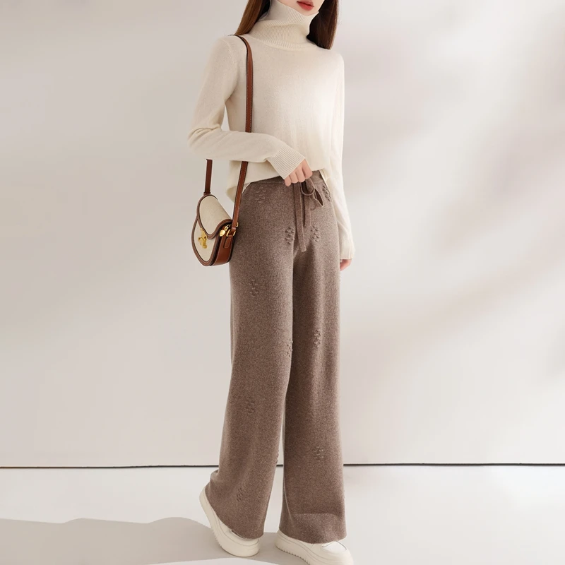 New Chic Women Pure Wool Pants Autumn Winter Wide Leg Pants Full Length 100% Merino Wool Knitwear Basic Simple Trousers Korean