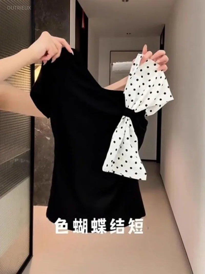 Off Shoulder Short Sleeve Ropa mujer Dot Print Bow Women's T-shirts Summer Clothes Spicy Girl Tops Sexy Roupas Feminina