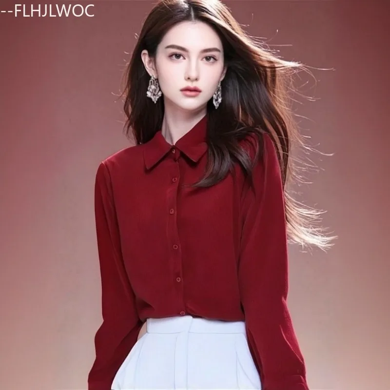 

New Year Christmas Red Tops Blouses Woman Autumn Spring Long Sleeve Elegant Lady Retro Vintage Button Basics Shirts Corduroy Top