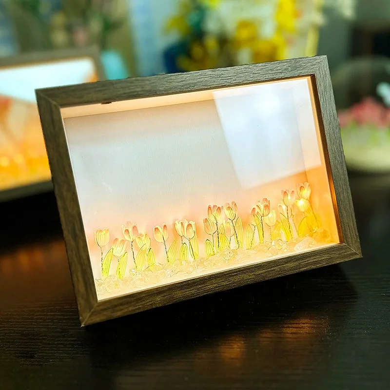 Tulip Glowing Night Lights Photo Frame Handmade DIY Creative Decoration Ornaments Festival Send Girlfriend Girlfriend Gifts