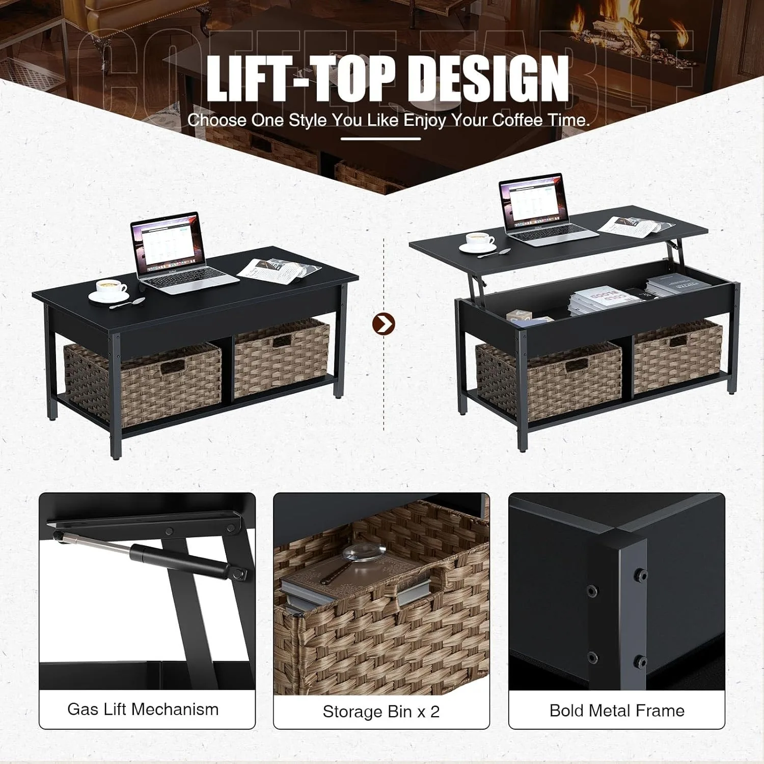 Mesa de centro con tapa elevable, compartimento de almacenamiento oculto y 2 cestas de ratán, mesa central retro de 41,7" con tablero de madera