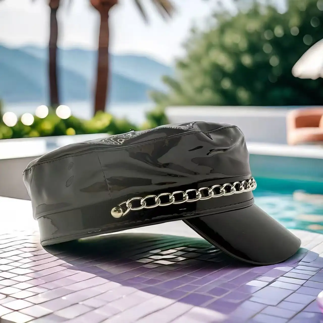 HongLuan レーザーレザーキャプテンハット ラインストーン＆ミリタリーキャップ 女性用、レイブフェスティバルアクセサリー＆パーティーキャップ 男性コスプレ用