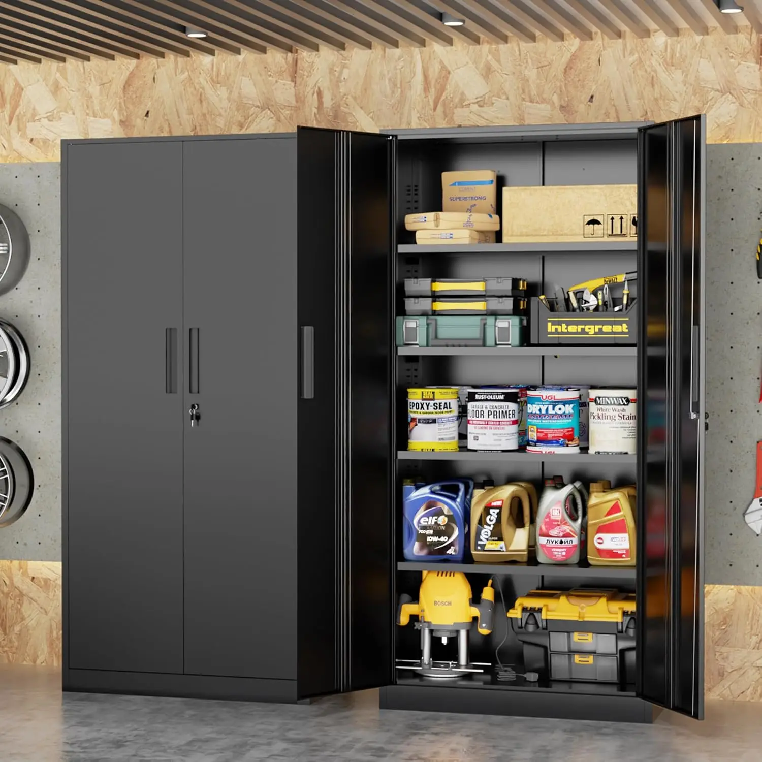 Tall Metal Storage Cabinet Organizer, Locking Steel Utility Cupboard With Four Adjustable Shelves, Heavy Duty Floor Standing Locker For Warehouse Home Office, Modern Black Furniture