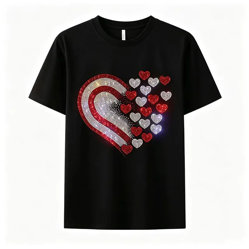 Women's short sleeved T-shirt with diamond studded heart print