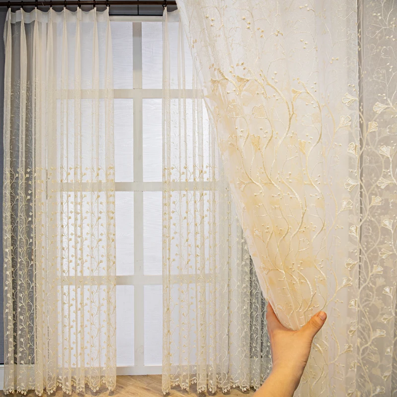 

Modern Light Luxury Gray Tulle Curtains for Living Room Bedroom Dining Balcony Transparent Custom size Embroidered Door Screen
