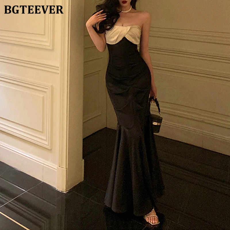 

BGTEEVER Elegant Ladies Slim Waist Patchwork Strapless Mermaid Dress Spring Fashion Women Sleeveless Package Hip Skinny Dress