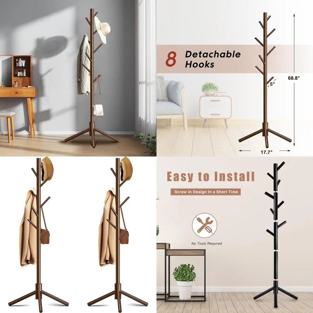 

8-Hook Standing Coat Rack with Adjustable Heights for Clothes, Hats, and Handbags - Ideal for Entryway, Bedroom, Hallway, and Of