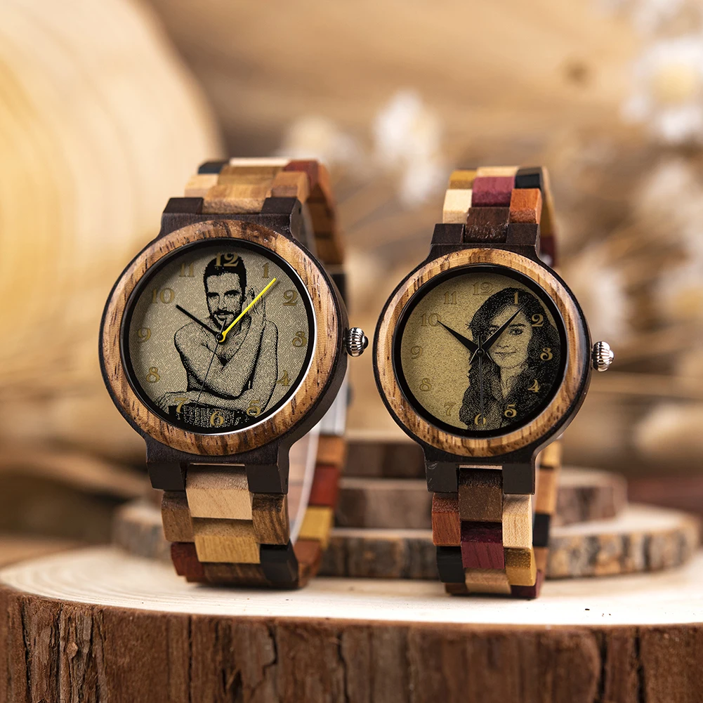 BOBO BIRD Personalized Watch for Men Women Photo Print Wood Wristwatch Birthday Valentine\'s Day Couple Watches Relogio Mascul