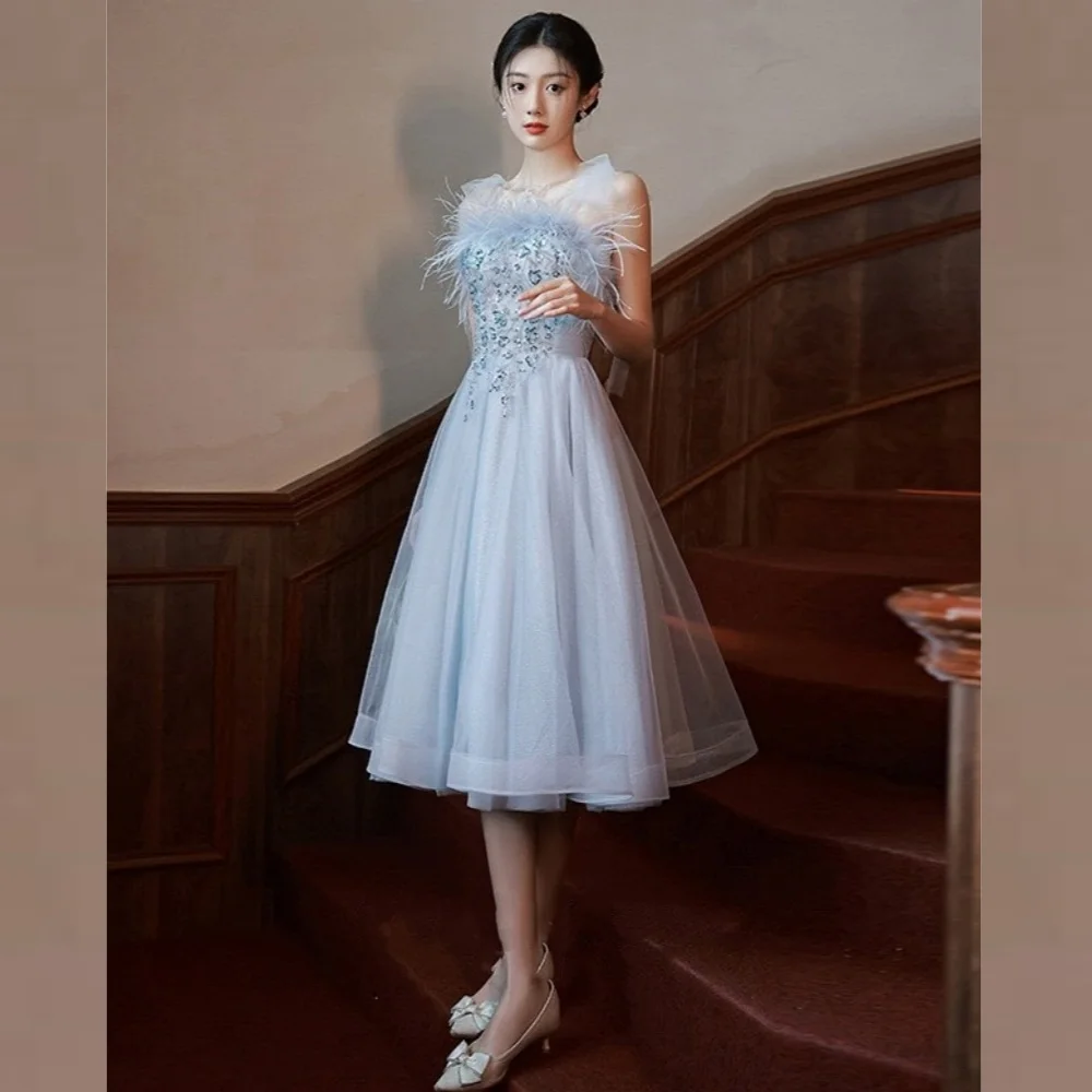 Customized  Organza Feathers Beading Draped Evening A-line Square Collar Bespoke Occasion Gown Midi Dresses Saudi Arabia 