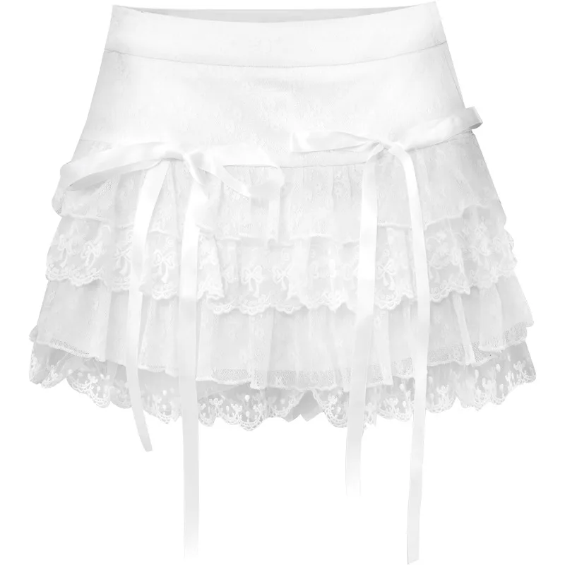 Fairycore Aesthetics Sweet Summer Bow Patchwork Women Mujer Faldas All Match White Cake Skirt Sexy Chic Fashion Elegant