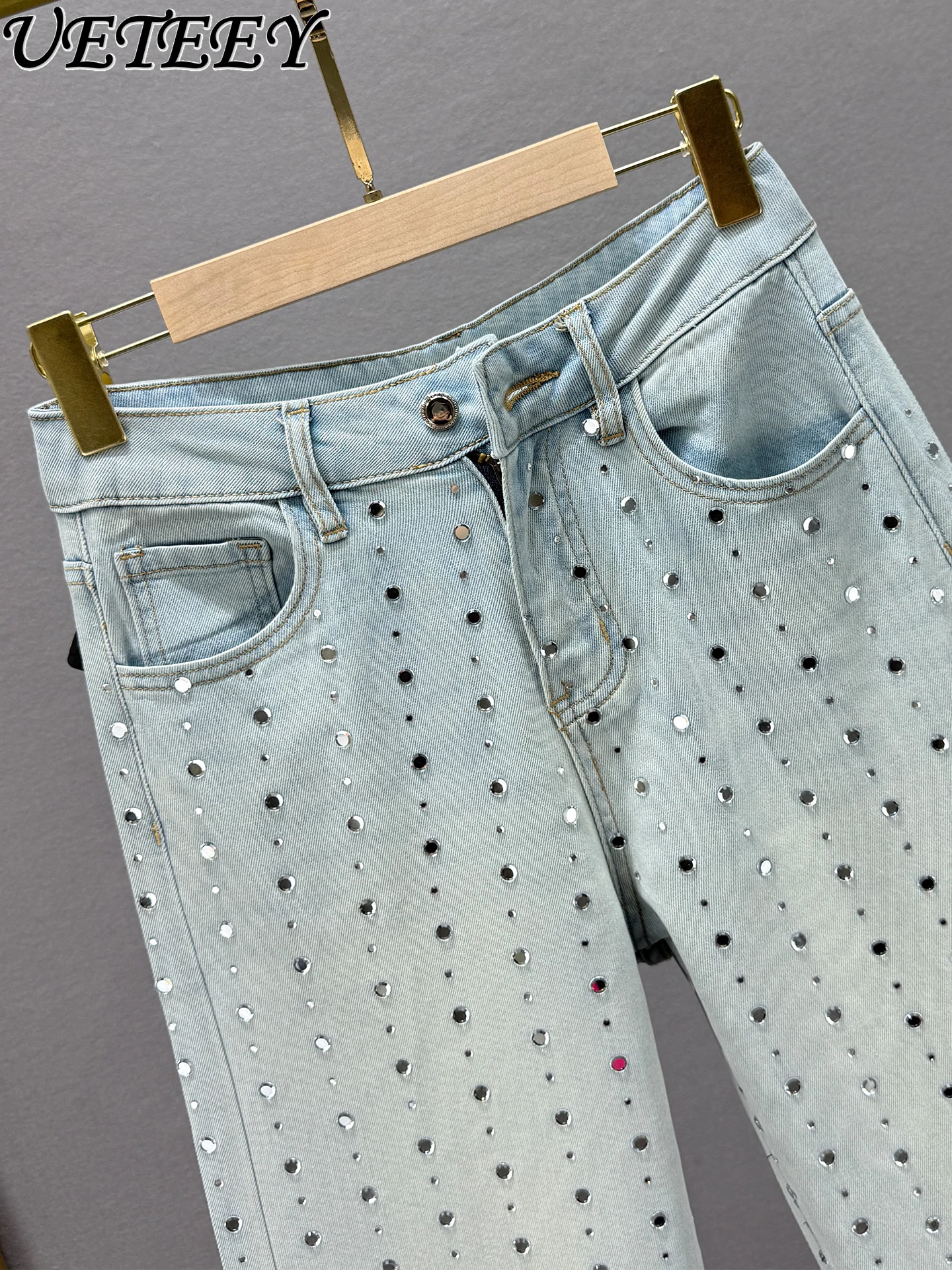 Robuste Strass-Denim-Hose mit geradem Bein für Damen, trendige neue, hoch taillierte, lockere, schlankmachende, verlängerte Jeans im europäischen Stil
