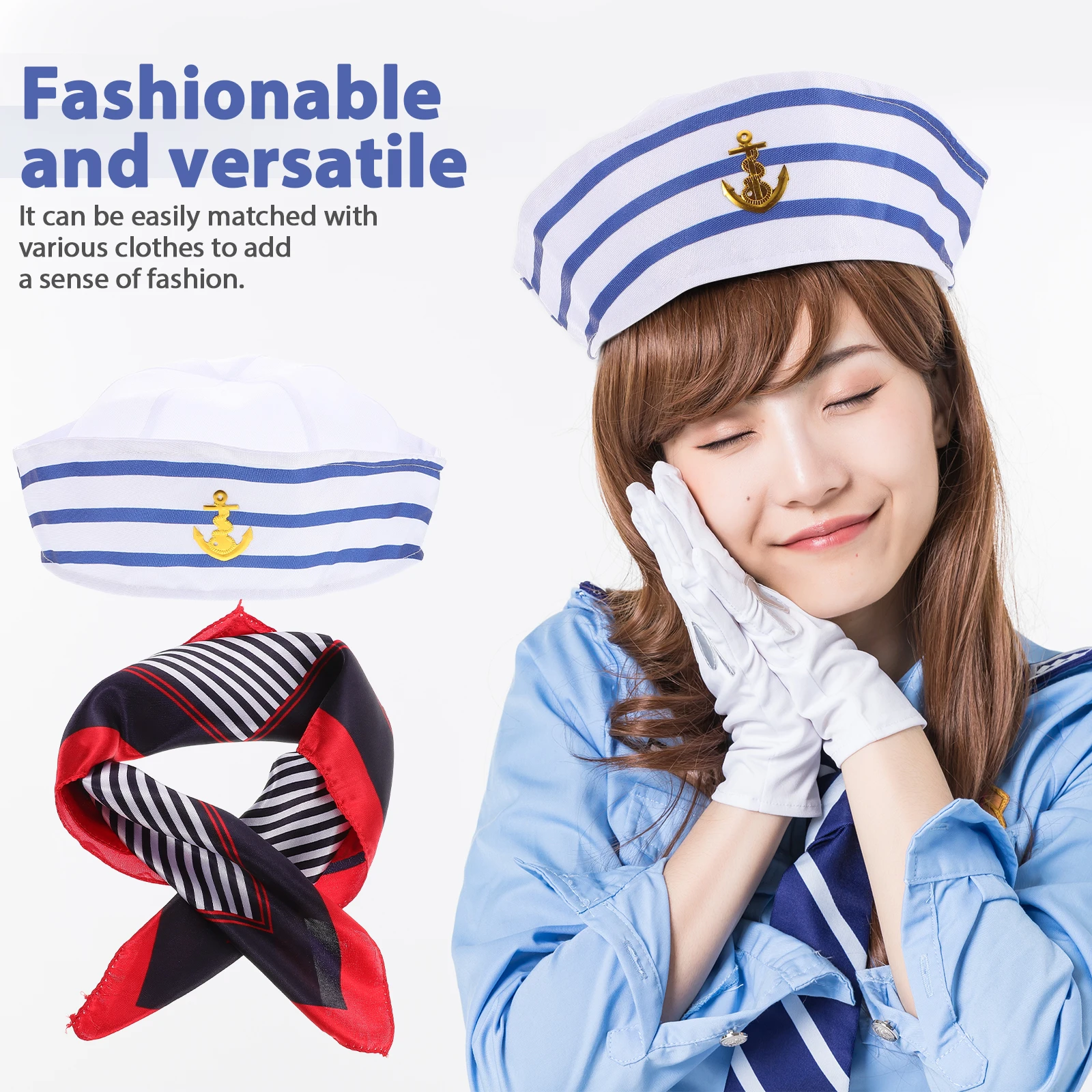 

Navy Cap Set Sailor Hat Blue Striped Adjustable Dome Anchor Scarf Fashionable Design Versatile Use Durable Materials Clothing
