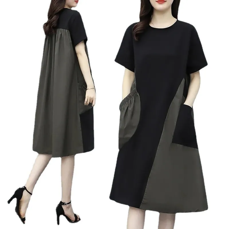 Vestido de Verano con Bloques de Color, Manga Corta, Hoado, Cintura Alta, Falda en Línea A, Estiliza y Cubre el Abdomen, Nu...