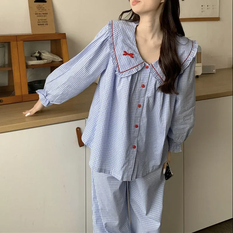 Autumn New Pajamas Women Long-sleeved Cute Doll Collar Plaid Homewear Suit Loose Pants 2 Pieces Set Sleepwear Button Pijamas