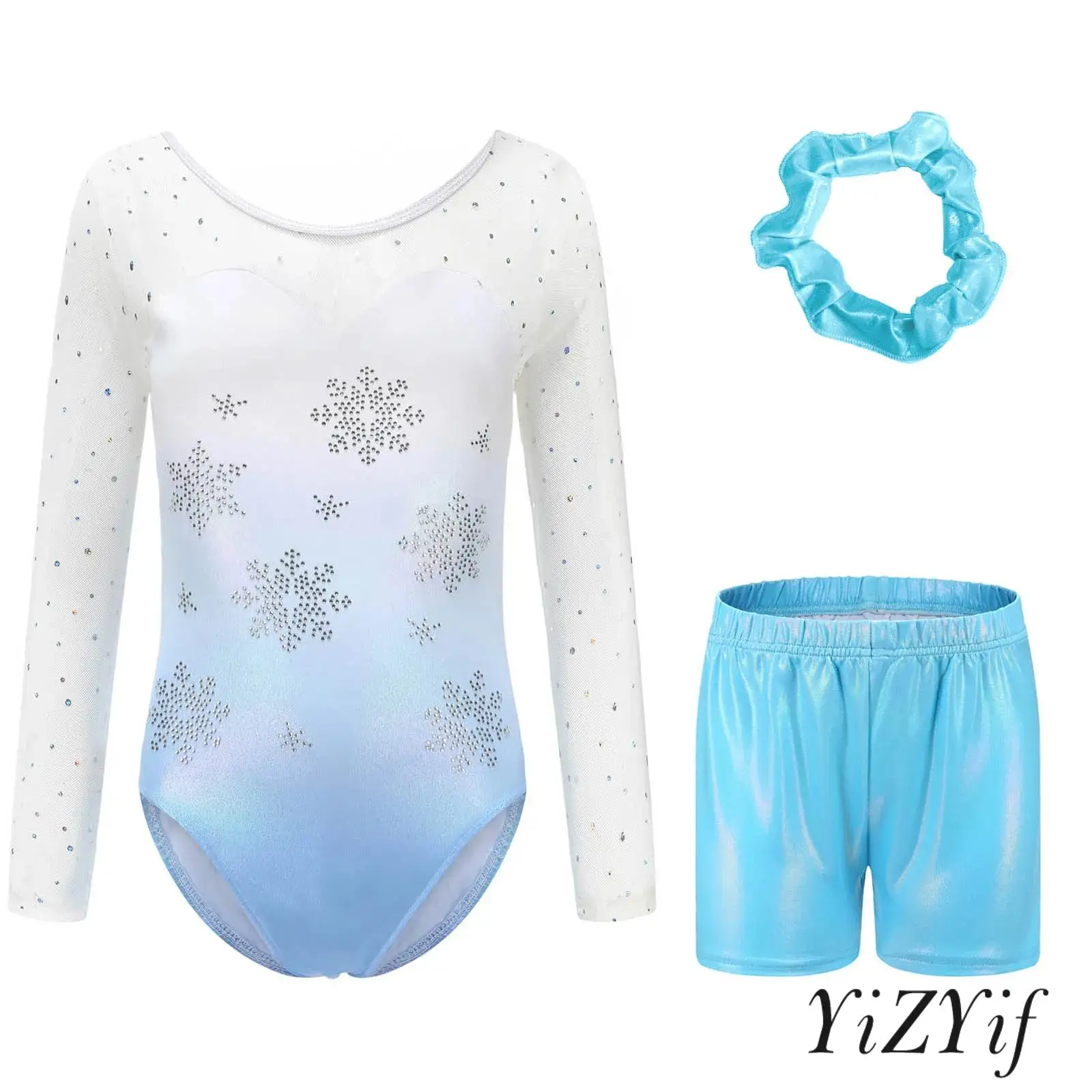 

Kids Girls Gymnastics Ballet Leotard Ice Skating Dance Outfit Sparkly Snowflake Rhinestones Long Sleeve Bodysuit+Shorts+Hair Tie