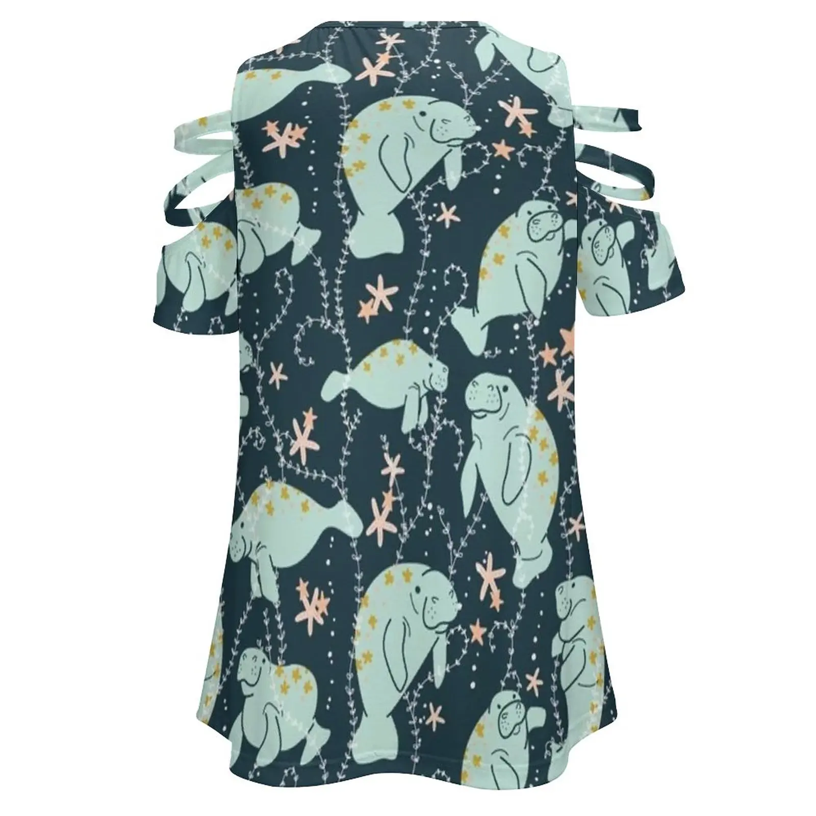 Oh The Hue-Manatee : Teal Women's T-Shirt Summer Fashion Print Floral V-Neck Zipper Tshirt Hollow Pullover Ladies Top Manatee