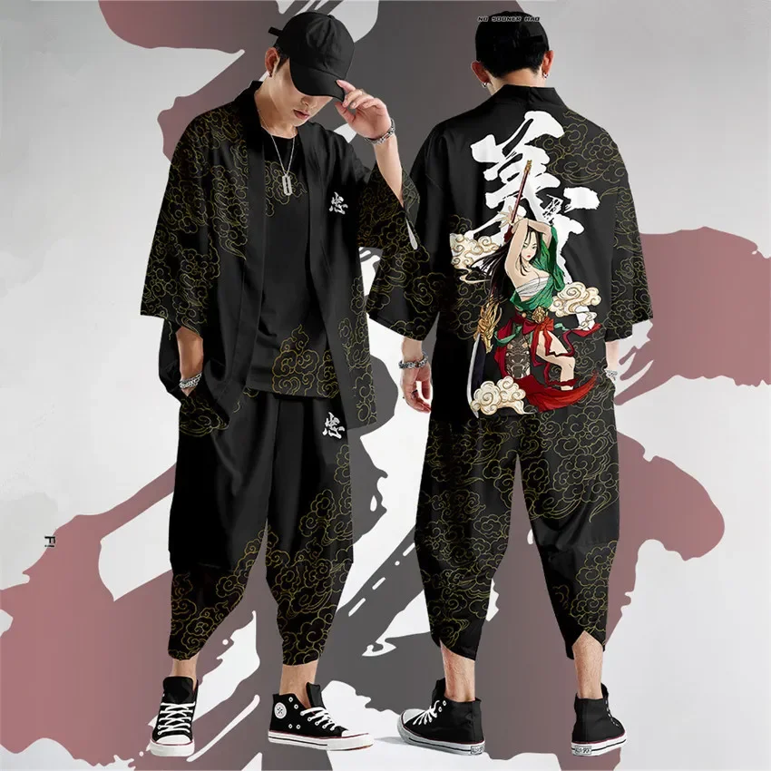 Japanese Traditional Clothing Invincible Print Kimono Pants Men Retro Yukata Asian Fashion Tang Suit Harajuku Hanfu Yukata Jacke