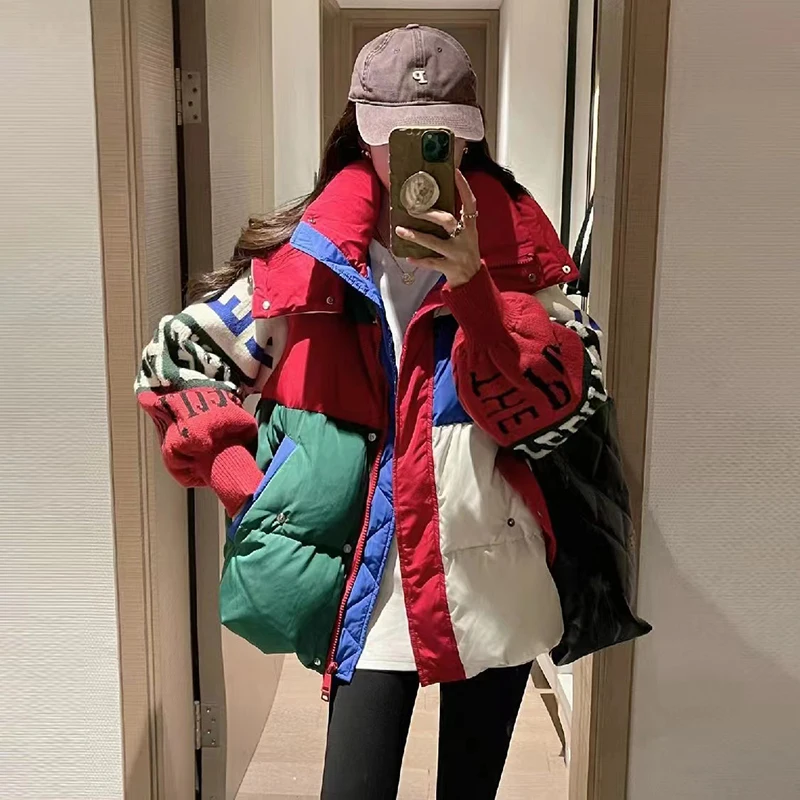 2023 New Fashion Streetwear Letter Stitching Puffer Jacket Women\'s Loose Parkas Winter Female Thick 90% Duck Down Coat