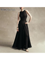 TWOTWINSTYLE Solid Spliced Zipper Slimming Dresses For Women O Neck Short Sleeve High Waist Temperament Dress Female Fashion New