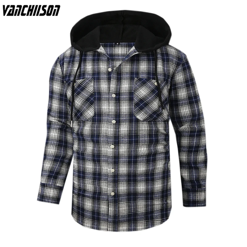 

Men Hooded Shirt for Spring Long Sleeve 100% Cotton Gradient Plaids Black Preppy Style Male Casual Clothing 00615