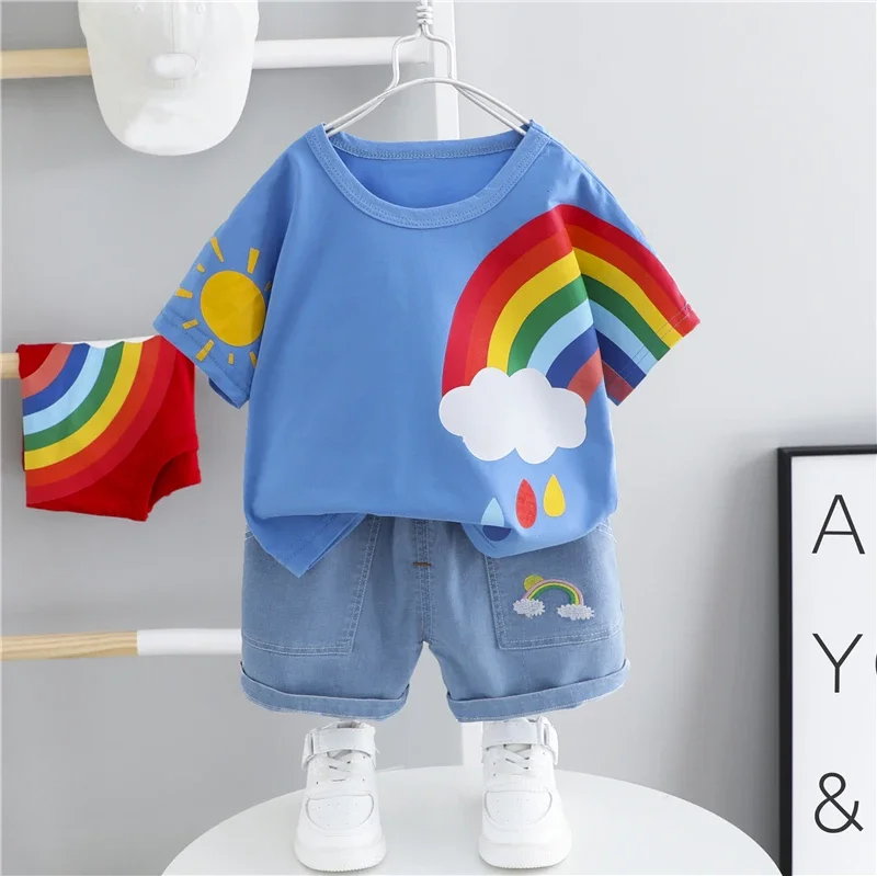 Summer Baby Boys Girls Clothing Sets Toddler Infant Outfits Kids Cotton Rainbow T Shirt Shorts Children Casual Beach Clothes