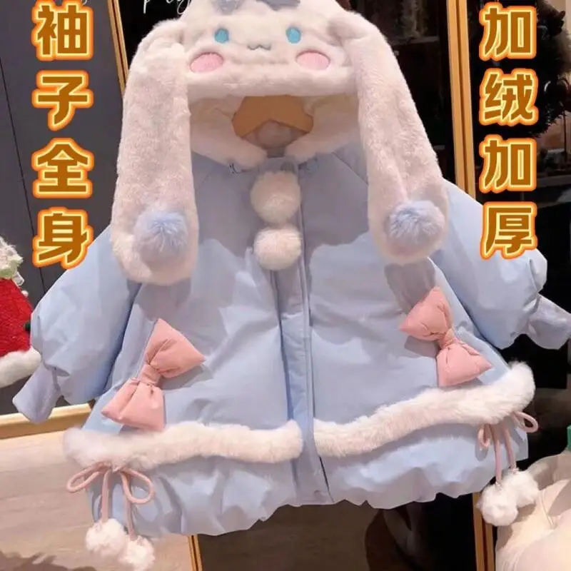 

Зимнее хлопковое пальто Sanrio Hello Kitty Cinnamoroll для девочек, мягкое, теплое, уютное, средней длины, с мультяшным принтом, новая модная коллекция