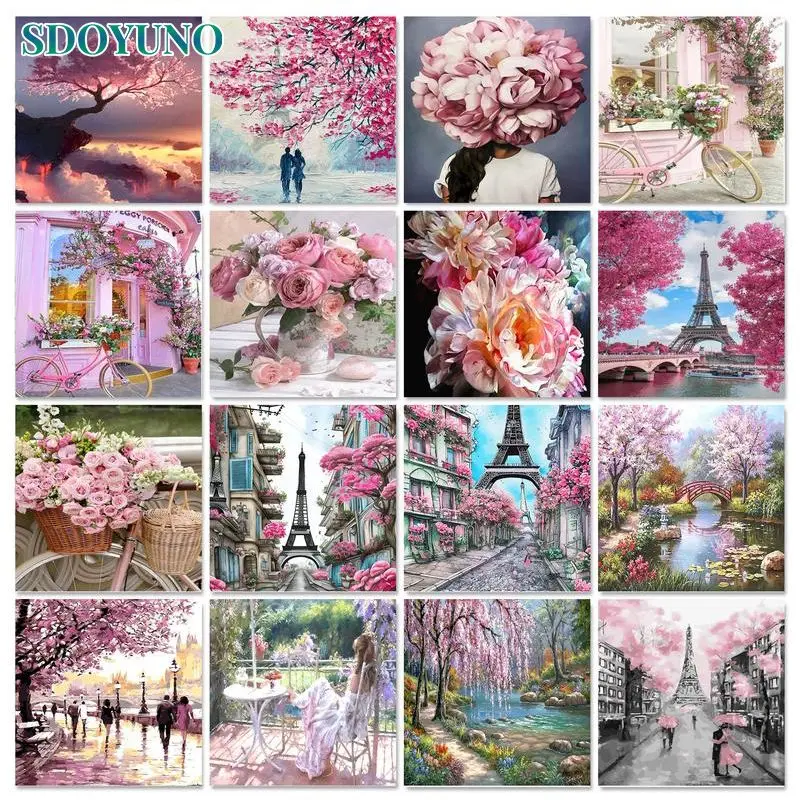 

SDOYUNO Painting By Numbers PinkLandscape HandPainted Paint Canvas Picture Coloring Oil Painting By Number For Adults Home Decor