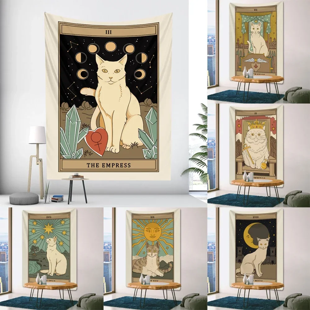 Moon Tarot Card Cat Witchcraft Home Decoration Tapestry Hippie Bohemia Wall Hanging Bedroom Wall Decoration Background Cloth