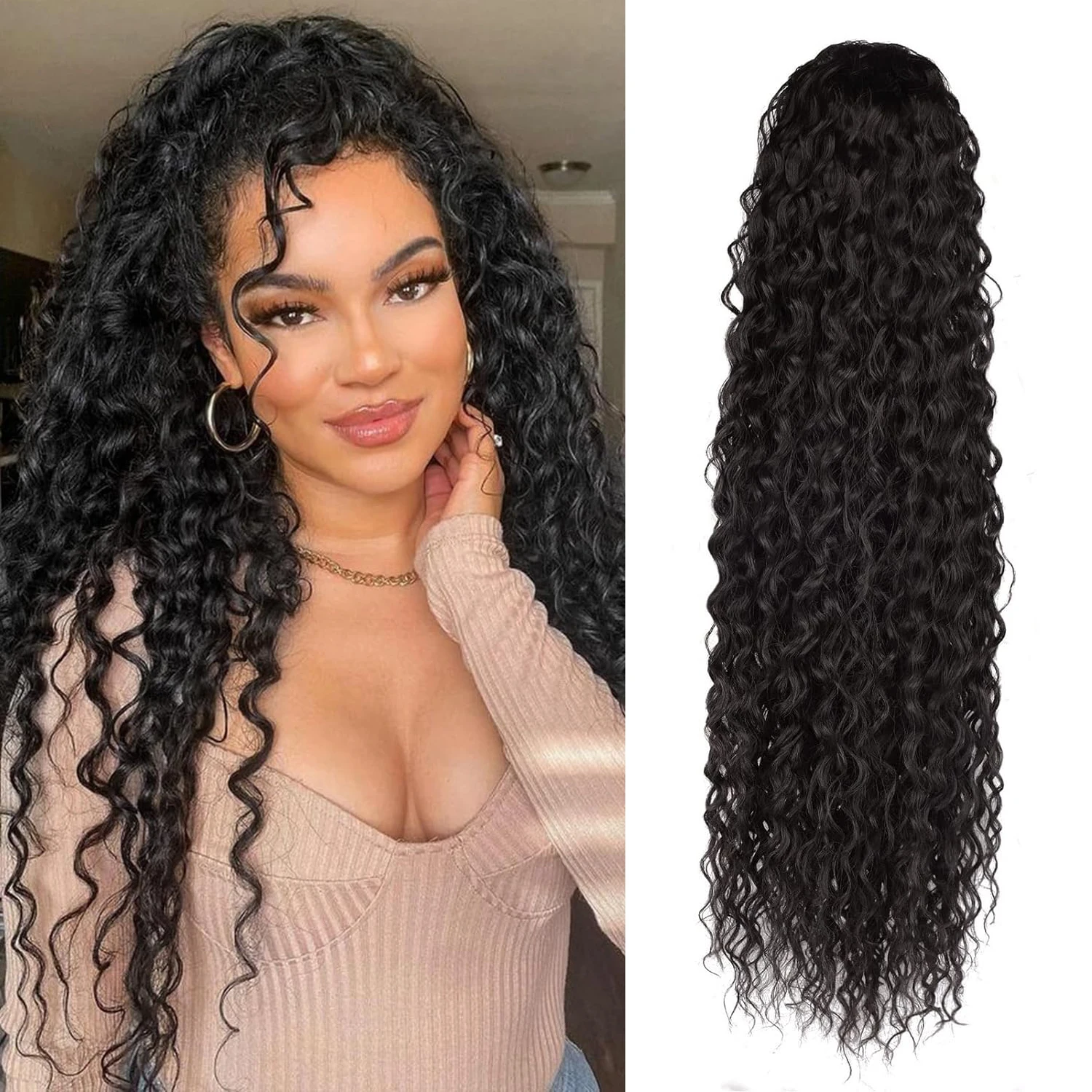 26 Inch Synthetic Curly Ponytail Hair Extensions For Black Women Drawstring Ponytail Hair Extension Natural Water Curls Ponytail