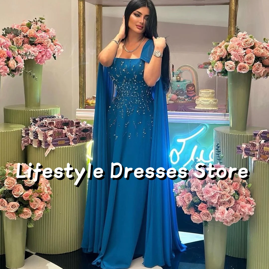 

Long Cape Sleeves Prom Dresses Chiffon HandBeadings A-line Arabia Long Evening Dresses Plus Size Luxury Formal Occasion Gown