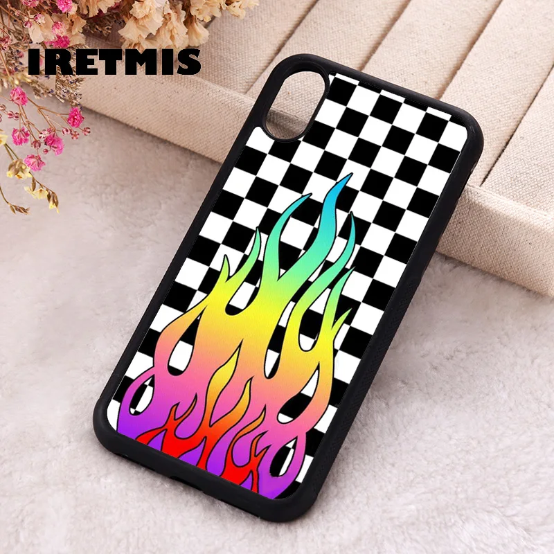 Iretmis Phone Cover Case For iPhone X XS Max XR 11 12 13 PRO MINI 14 15 16 Plus Rubber Black White Checkers Rainbow Flames