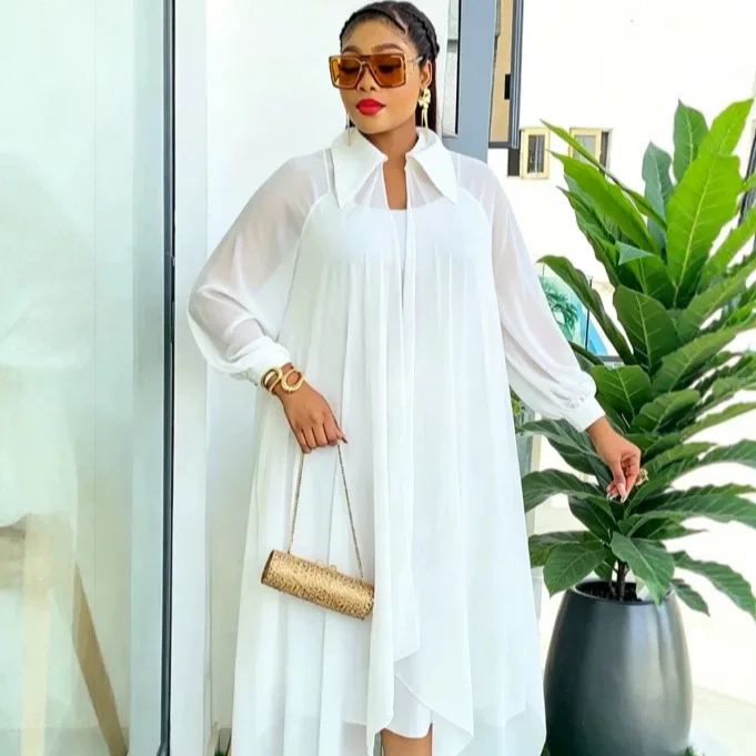 Plus-size Women's White Chiffon Two-piece Long Dress With A Turn-down Collar, Sheer Lantern Sleeves, And An Irregular Hem Boho