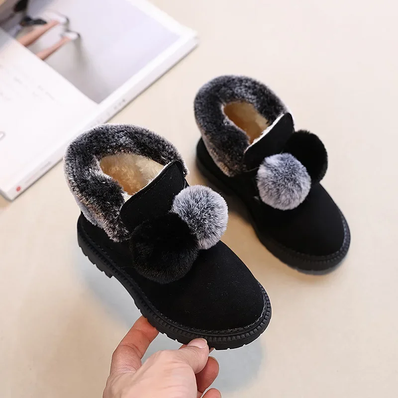 Girls Furry Plush Boots Winter Sort Hairball Children Warm Snow Boots Non-slip Outdoor Princess Fashion Kids Ankle Cotton Boots