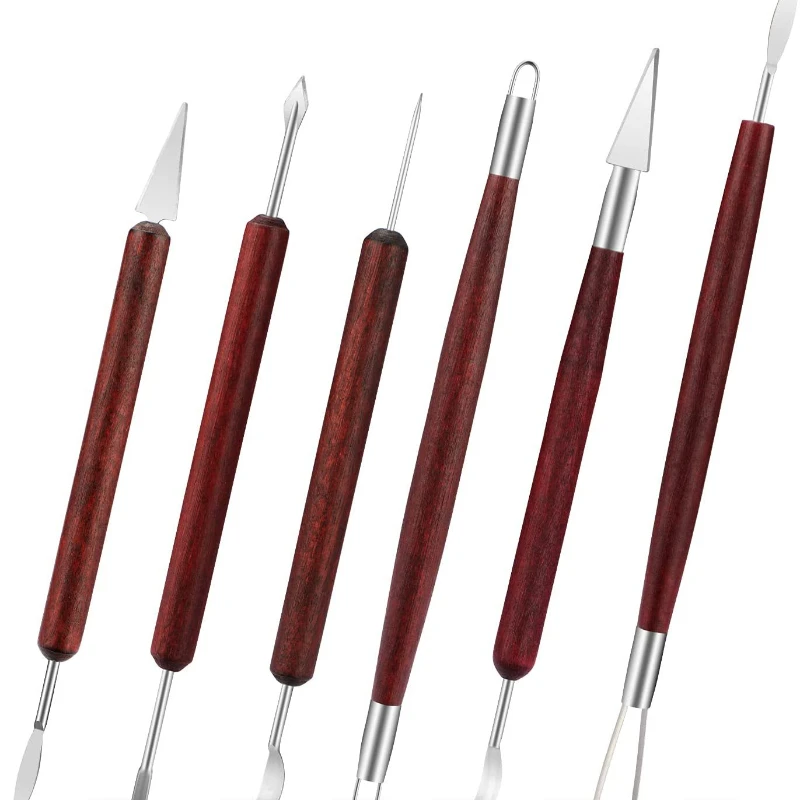 6-piece Set of Pottery Clay Pottery Carving Tools Double-sided Smooth Red Wooden Handle Multi-specification Utility Tools