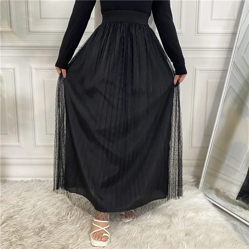 Elegant Long Pleated Skirt Women Spring Summer Solid Elastic Waist A-line Slim Simple Long Skirt Vintage Female Evening Dress