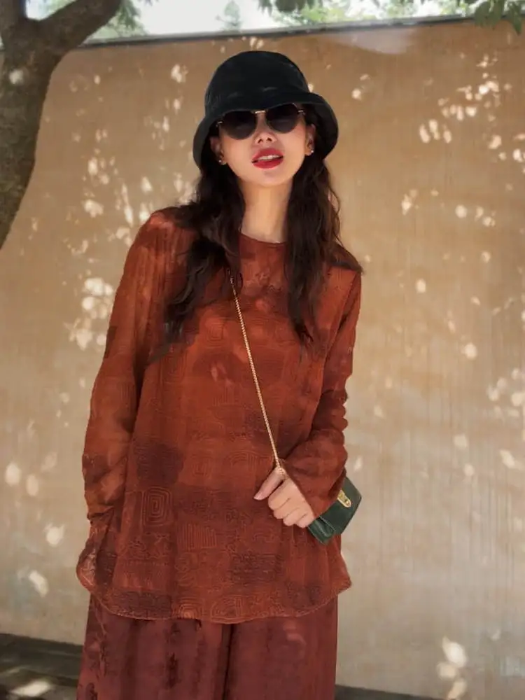 

Silk Long Sve Red Cloud Cloth irt Women's Lightweight Comfortable Versatile Retro Sle Commute Faion round Ne Top