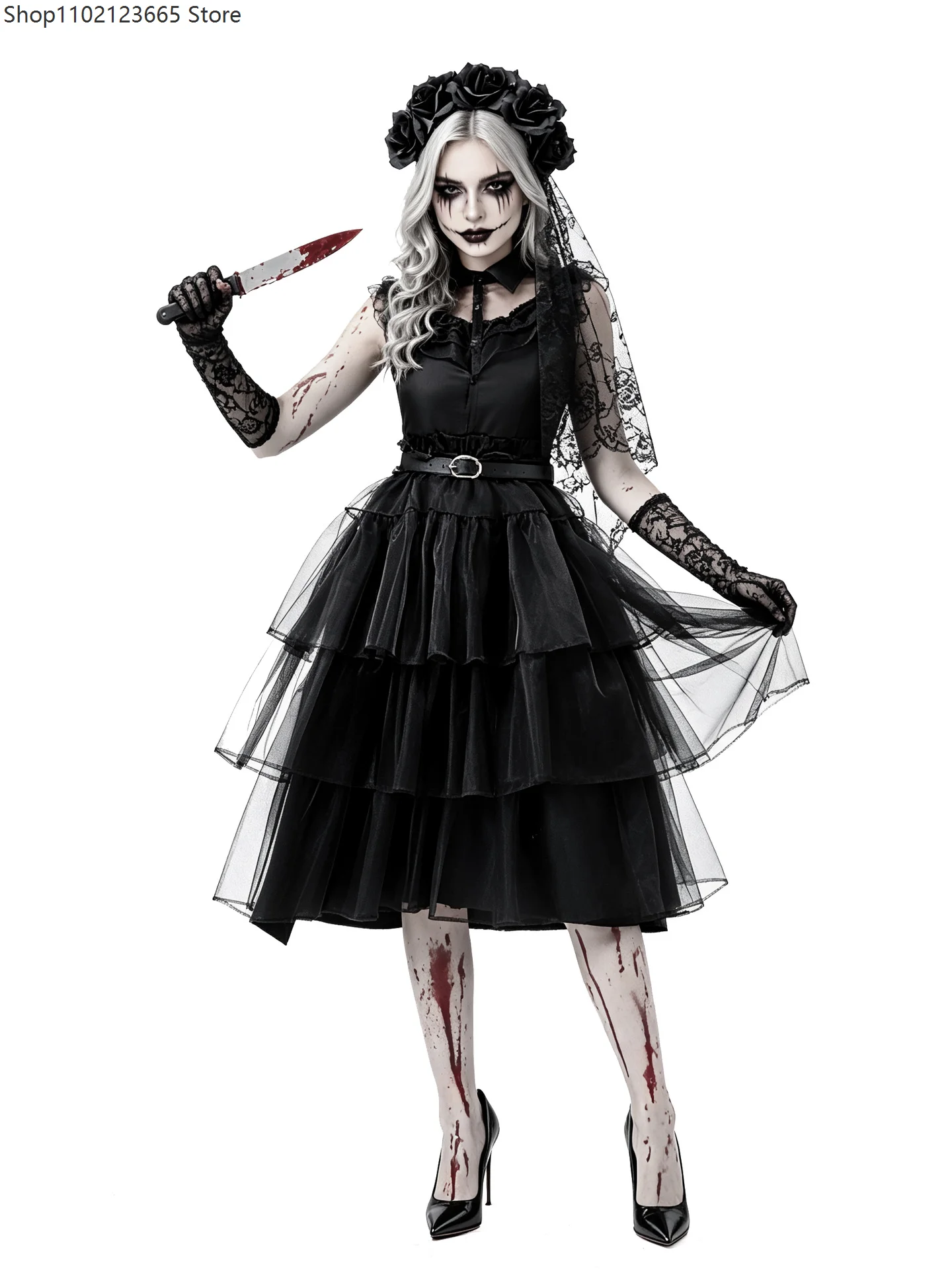 Womens Gothic Bloody Zombie Bride Cosplay Dress Rose Veil Lace Gloves Halloween Dark Horror Stage Role Play Fancy Dress Costume - view 5