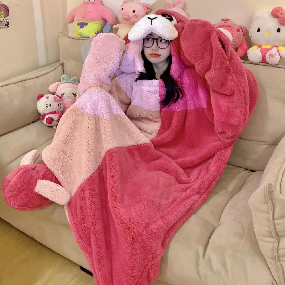 Cartoon Sanrioed Hangyodon Plush Pajamas Night-Robe Slippers Anime Kawaii Winter Warm Home Clothes Long Style Hooded Thicken