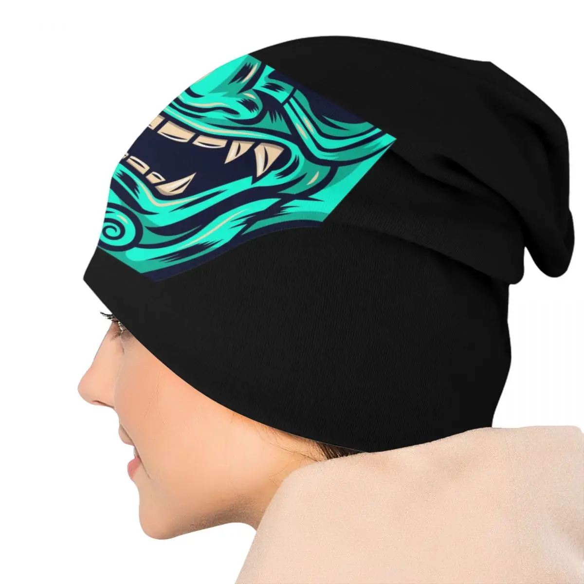 Benutzerdefinierte Teal Blue Samurai Krieger Oni Streetwear Winter Warme Frauen Männer Gestrickte Hüte Erwachsene Japanische Dämon Teufel Ninja Motorhaube Hüte