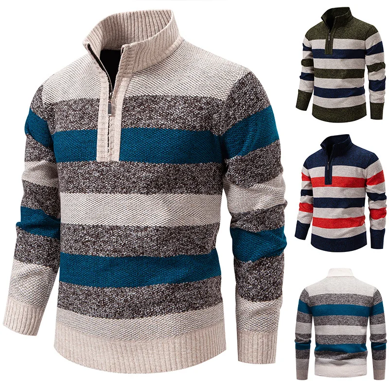 

Men Autumn Winter Knitting Pullovers Patchwork Striped Fashion Stand Collar Knitted Sweater Man Thick Warm Leisure Knitweat